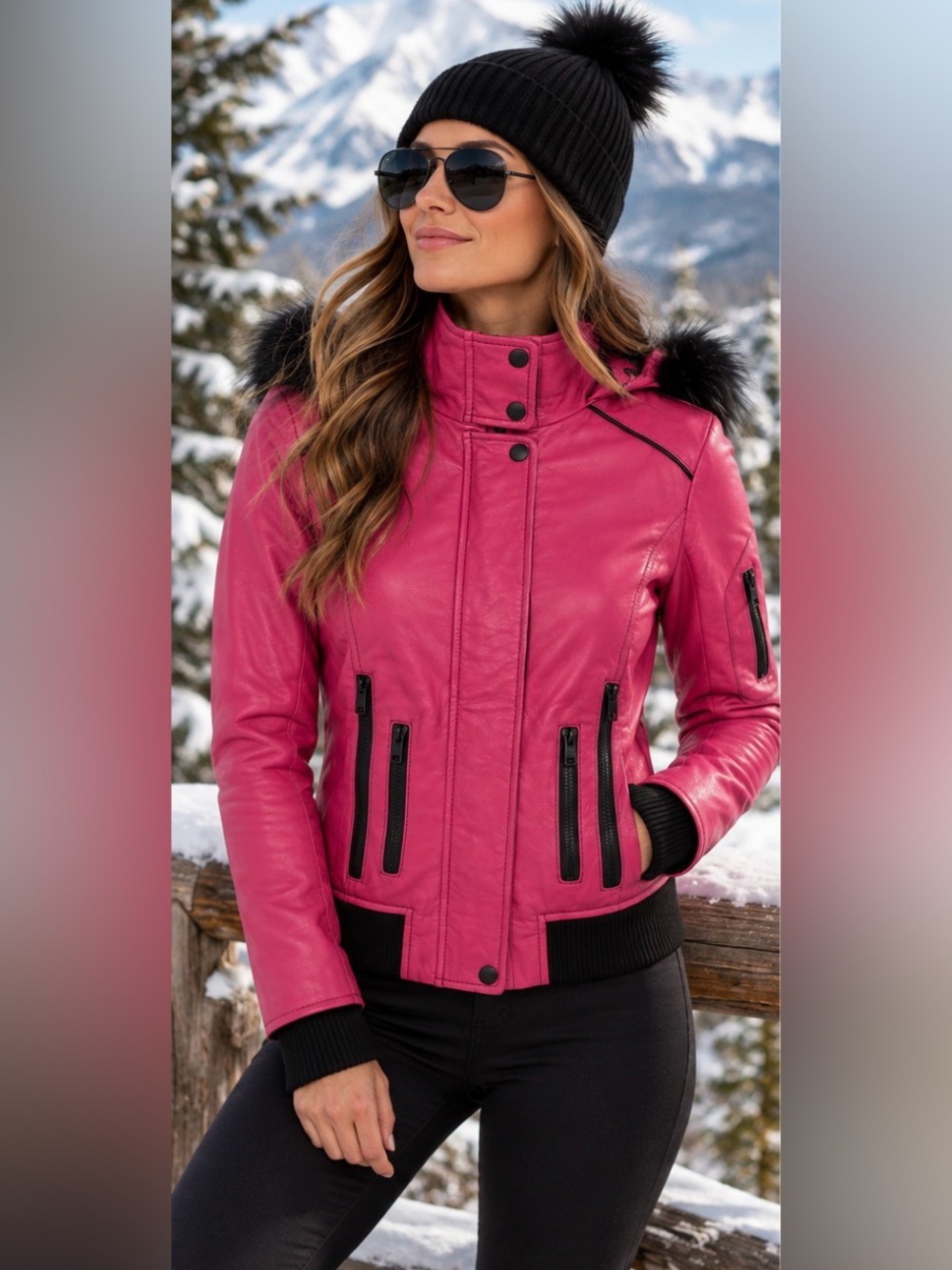 Danier Hot Pink Leather Jacket Removable Fur Hood Funnel Collar XS